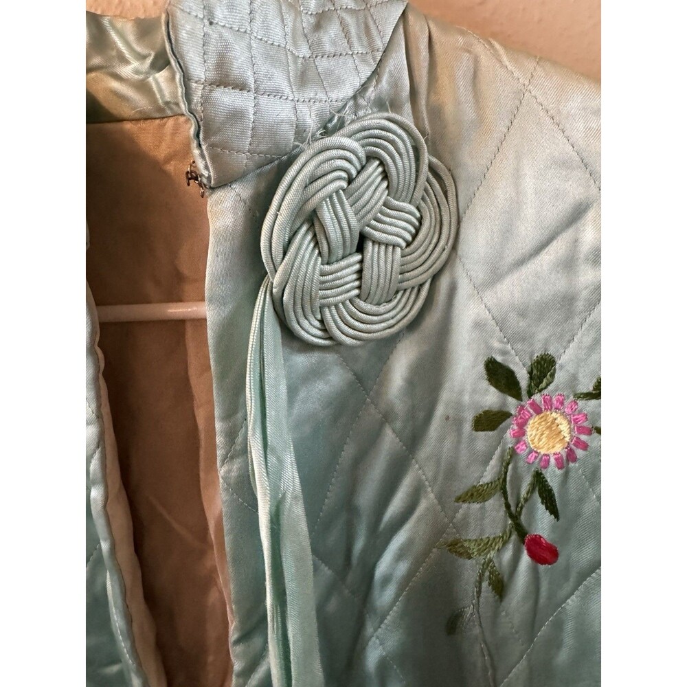 Vintage Asian Inspired Satin Jacket Size S Teal Blue Frog Closure EUC - Picture 3 of 5